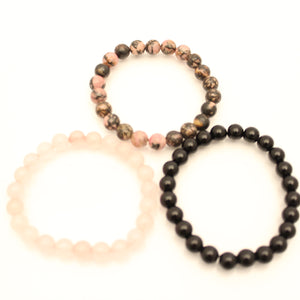 Pink Ebony Bracelet Set - Rhodonite, Rose Quartz, Black Onyx